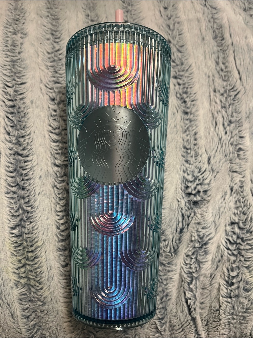 Starbucks Iridescent Teal Ripple Tumbler with Pink Straw